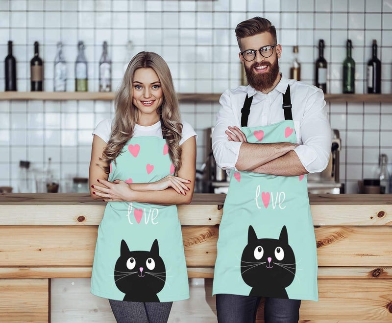 WONDERTIFY Black Cat Apron,Pink Hearts and Cute Cartoon Cat Blue Background Bib Apron with Adjustable Neck for Men Women,Suitable for Home Kitchen Cooking Waitress Chef Grill Bistro Baking BBQ Apron - Image 2